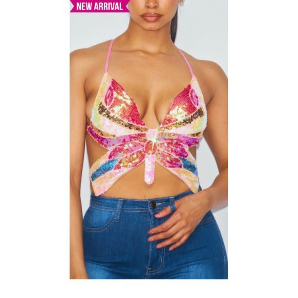 🦋 Always Winning Butterfly Sequin Halter Top.